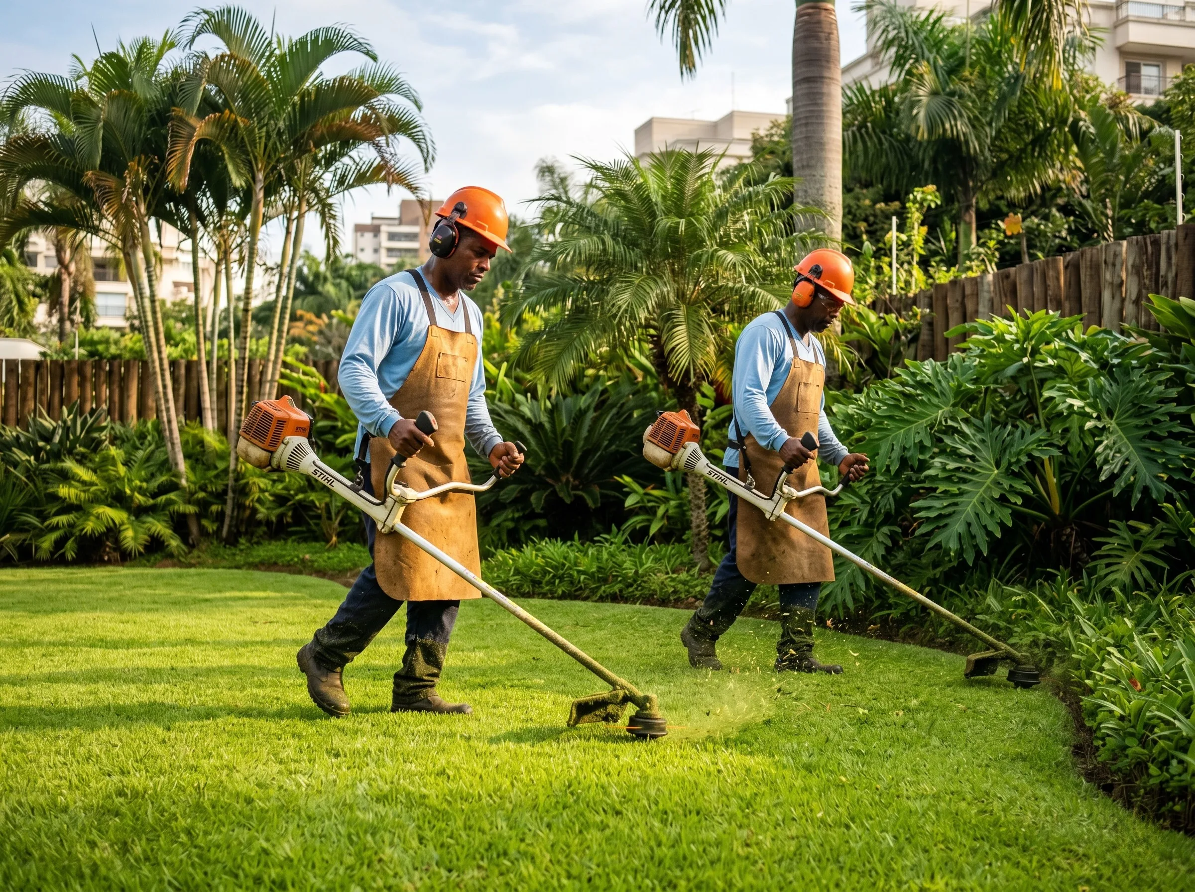 Jardinheiros do Grupo RB realizando corte de grama em condomínio de Sorocaba