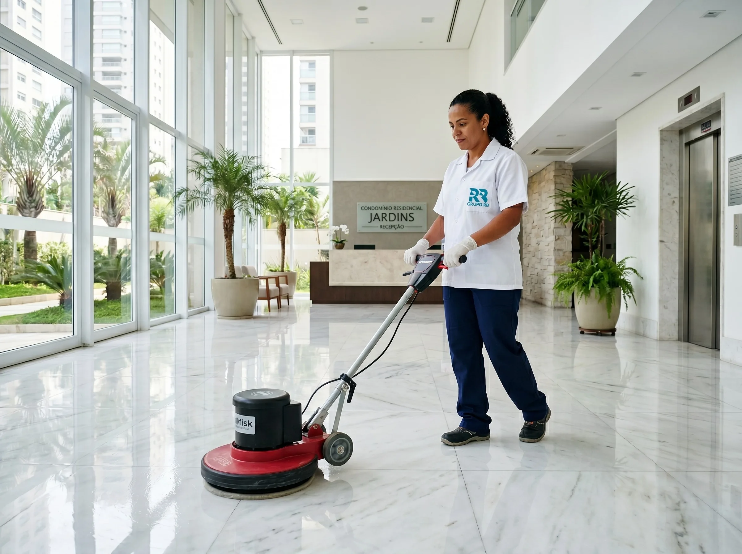 Técnica de limpeza do Grupo RB em lobby de condomínio em Sorocaba